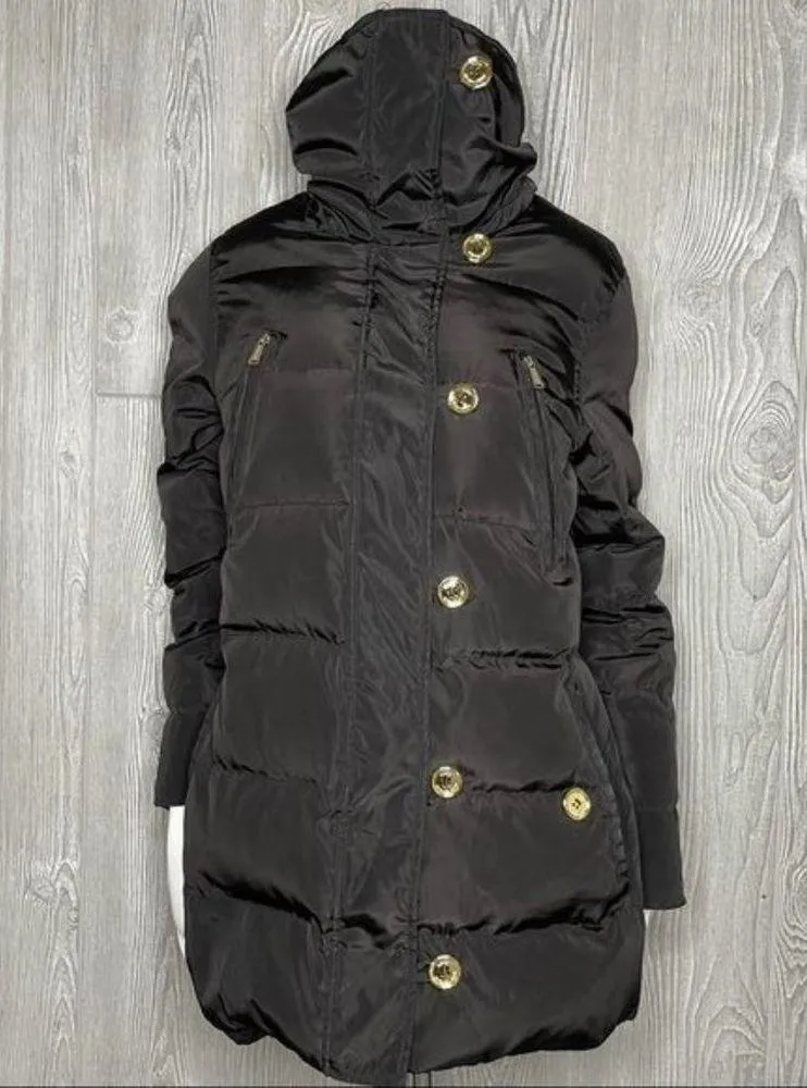 Michael Kors down feather long sleeve puffer jacket black gold buttons high coll - Image 2