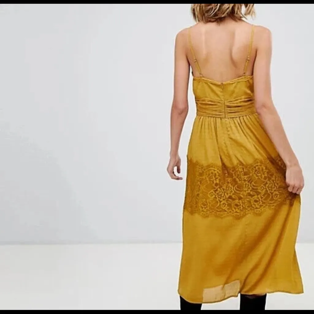Moon River Mustard Yellow Lace Trim Strappy Midi Boho Sundress Dress Size M NWT - Image 3