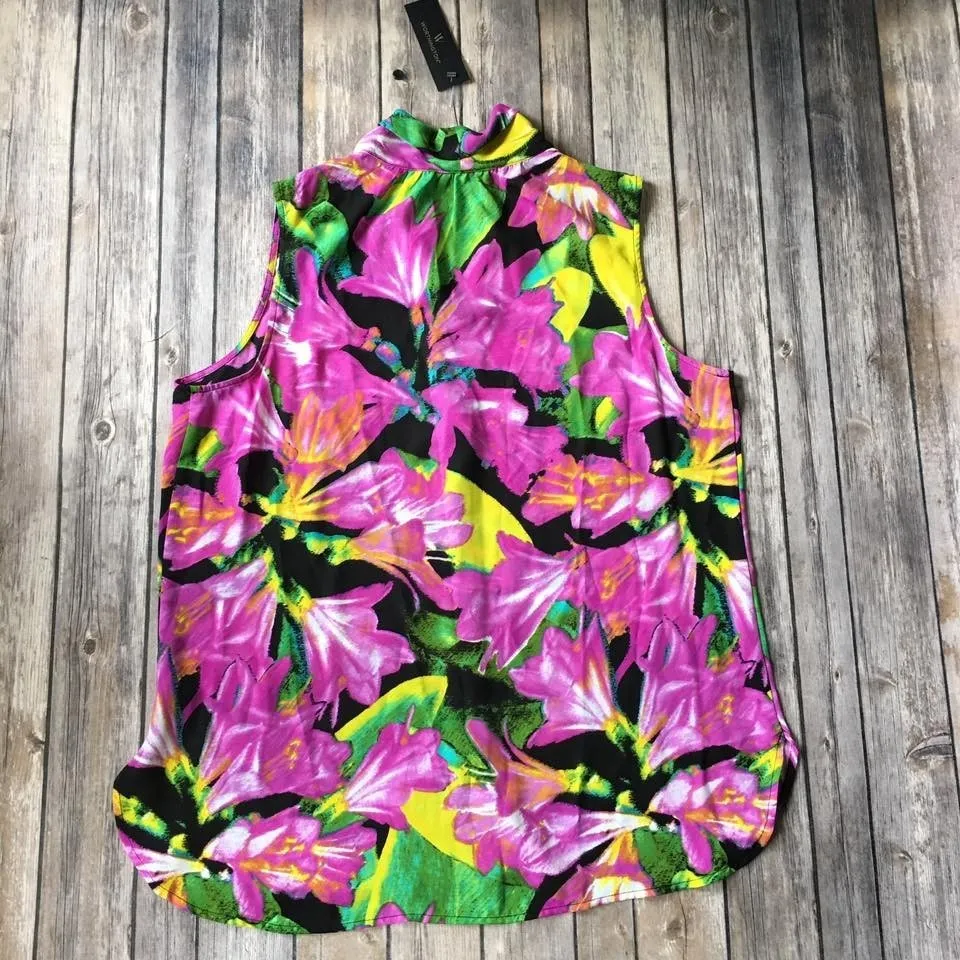 New Worthington‎ Floral Top Women L 12 14 Sleeveless Button Up Bold Print Office - Image 3