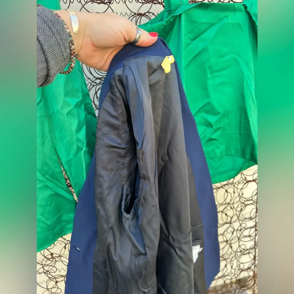 Vintage 80s Mary Kay Navy Blue Green Blazer Slinky Blouse and Tank Set 2P - Image 9