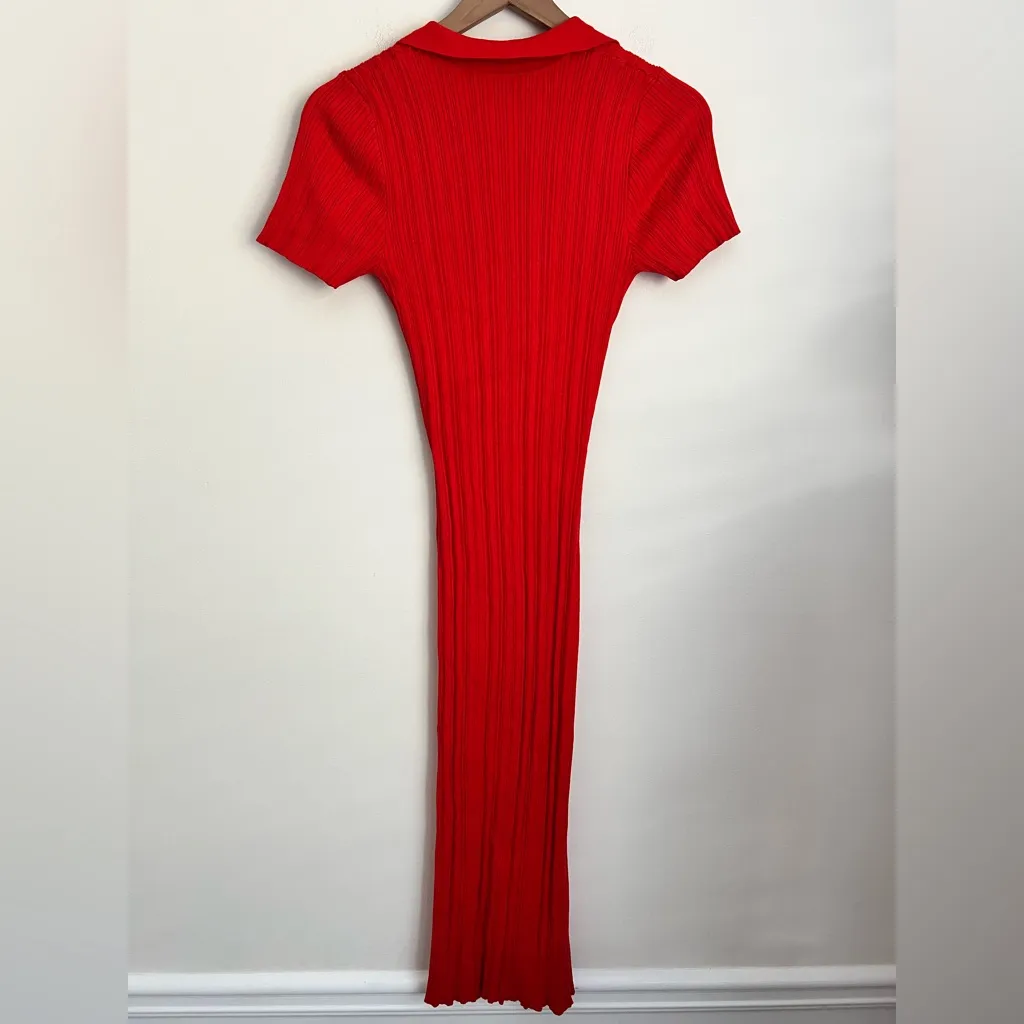 NA-KD rib knitted collar midi dress red polo slit short sleeve M - Image 4