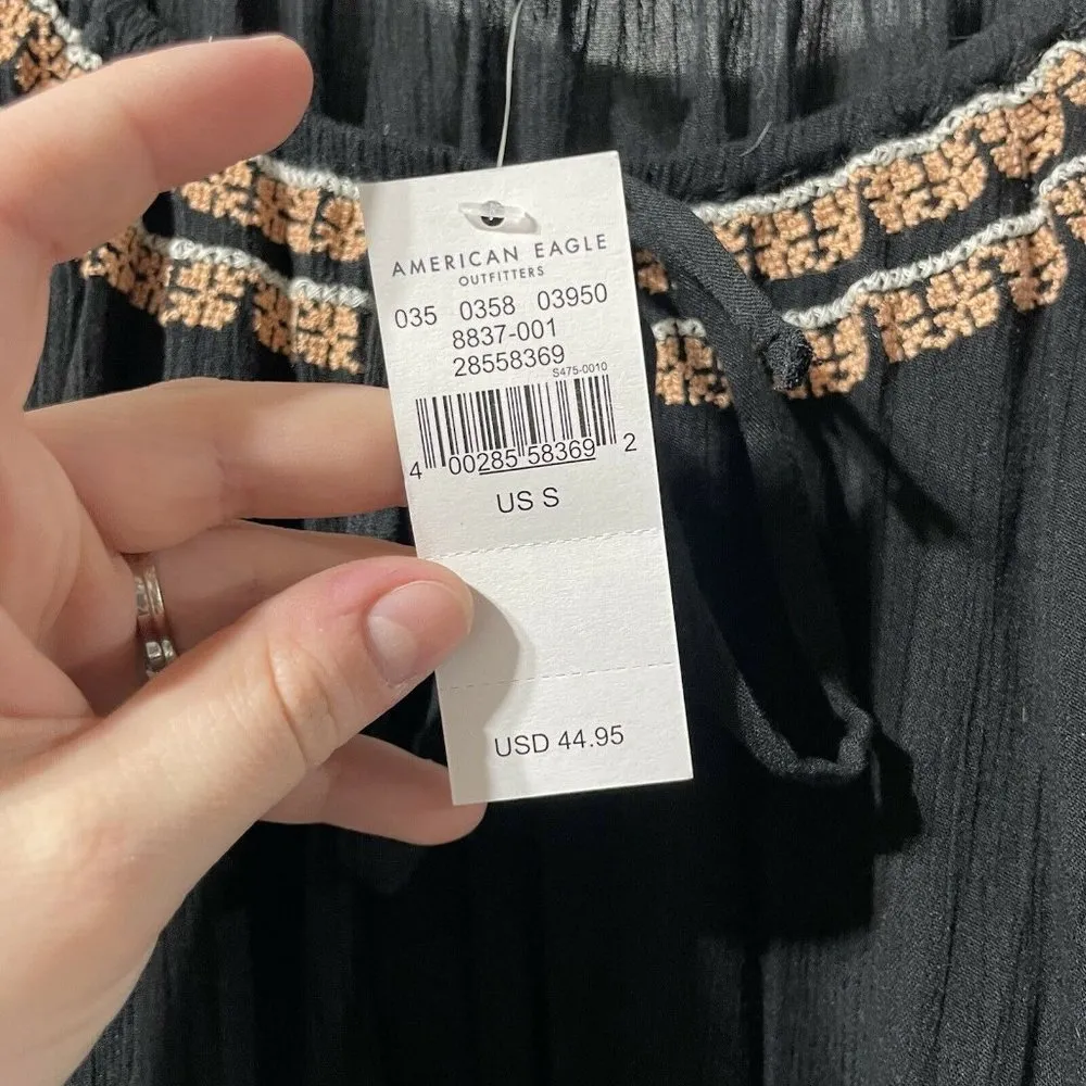 NWT American Eagle Black Pink Embroidered Boho Blouse Size Small - Image 3