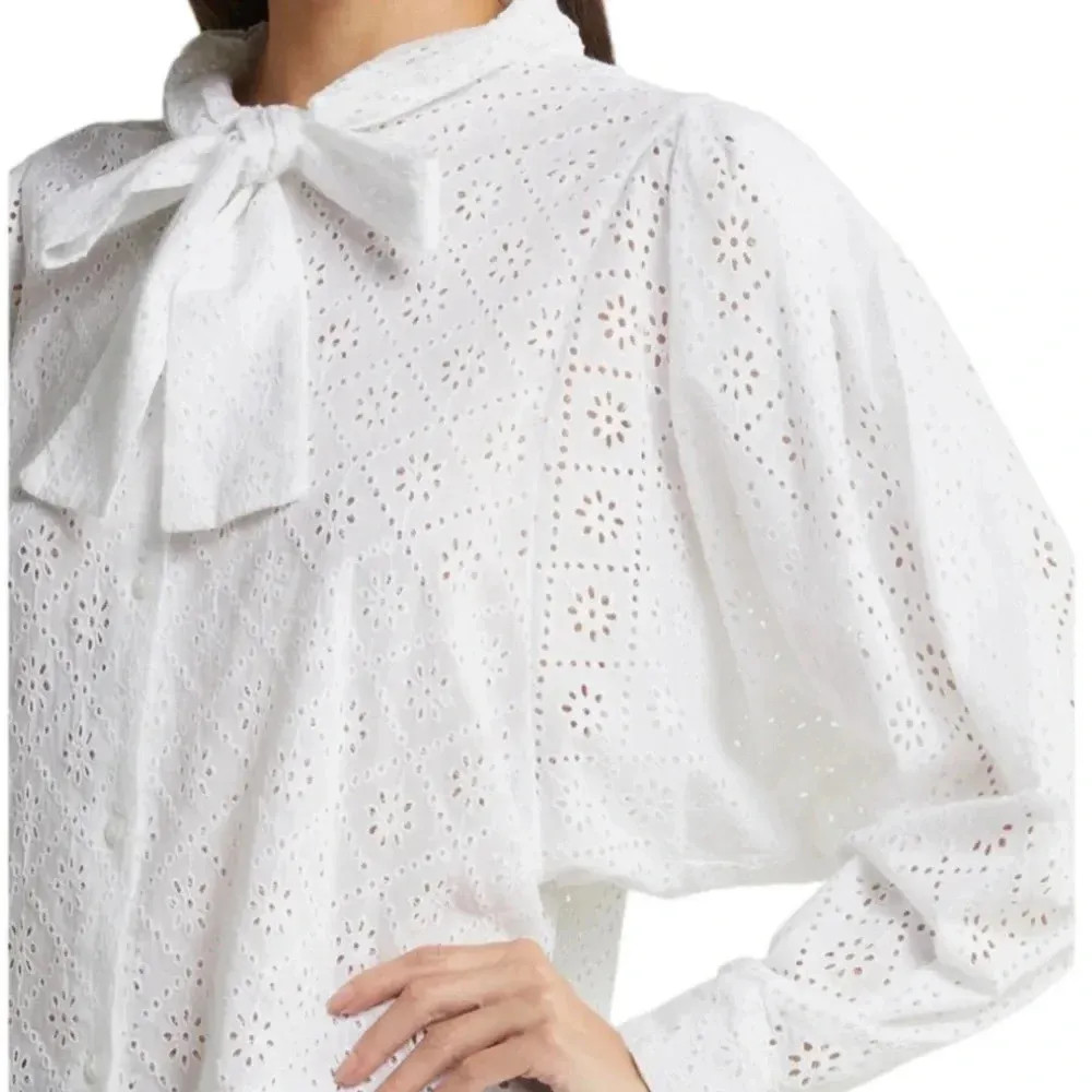 NWT Batsheva Cotton Eyelet Lace Broderie Anglaise Bow Detail Blouse White Size 6 - Image 3