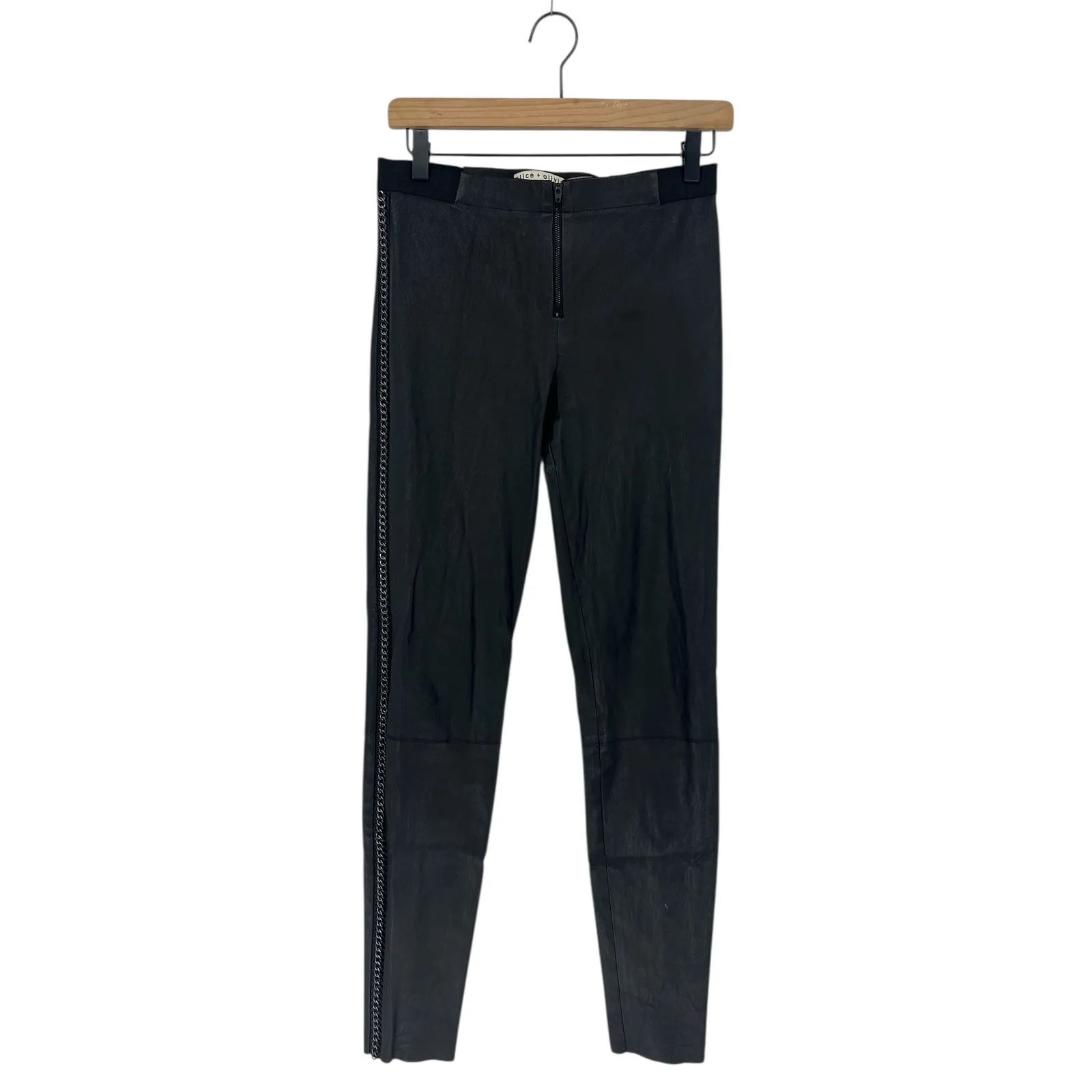 Alice + Olivia Maddox Chain Detail Leather Leggings Black Lambskin Size 6 - Image 3