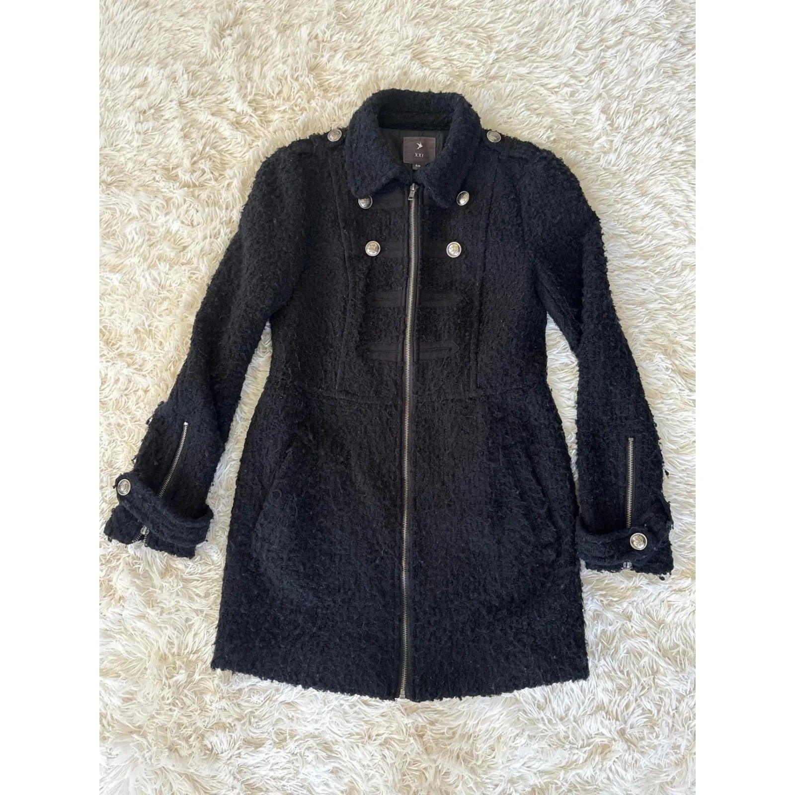 XXI Military Style Boucle Coat Small Black Zipper Front Crown Buttons - Image 10