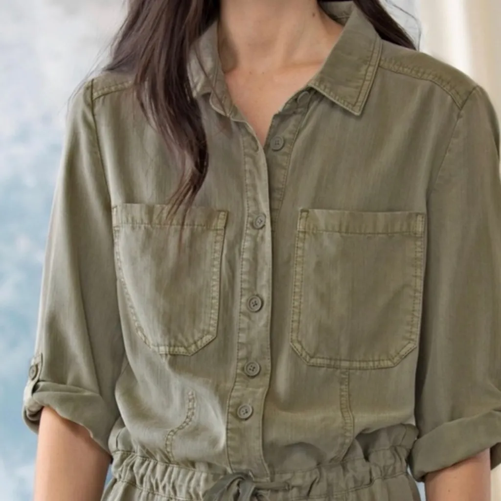 Sundance Wayside Jumpsuit Vintage Wash Roll-Tab Straight Leg Green Petite‎ Small - Image 2