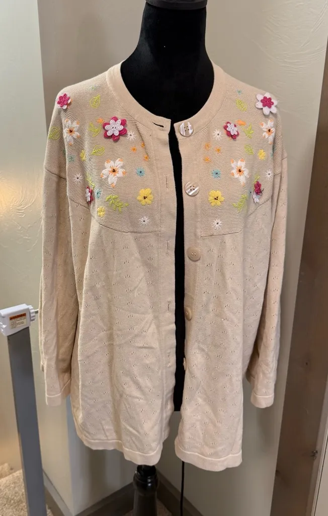 Vintage Breckenridge Button Front Sweater Cardigan Tan Floral EmbroideryY2K - Image 1