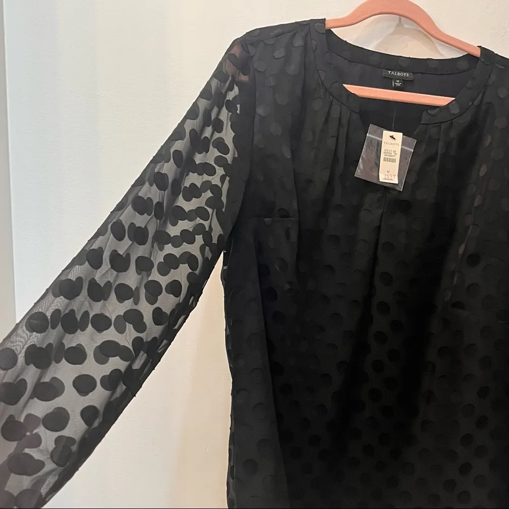 NWT Talbots Lined Sheer Long Sleeve Clip Dot V Neck Blouse black sz Medi… - Image 59