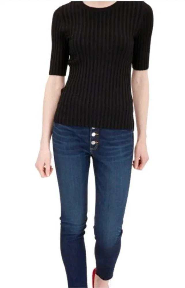 Veronica Beard Top Dillon Black Ribbed Knit Sz XS Crewneck Pullover Stretch NWOT - Image 2