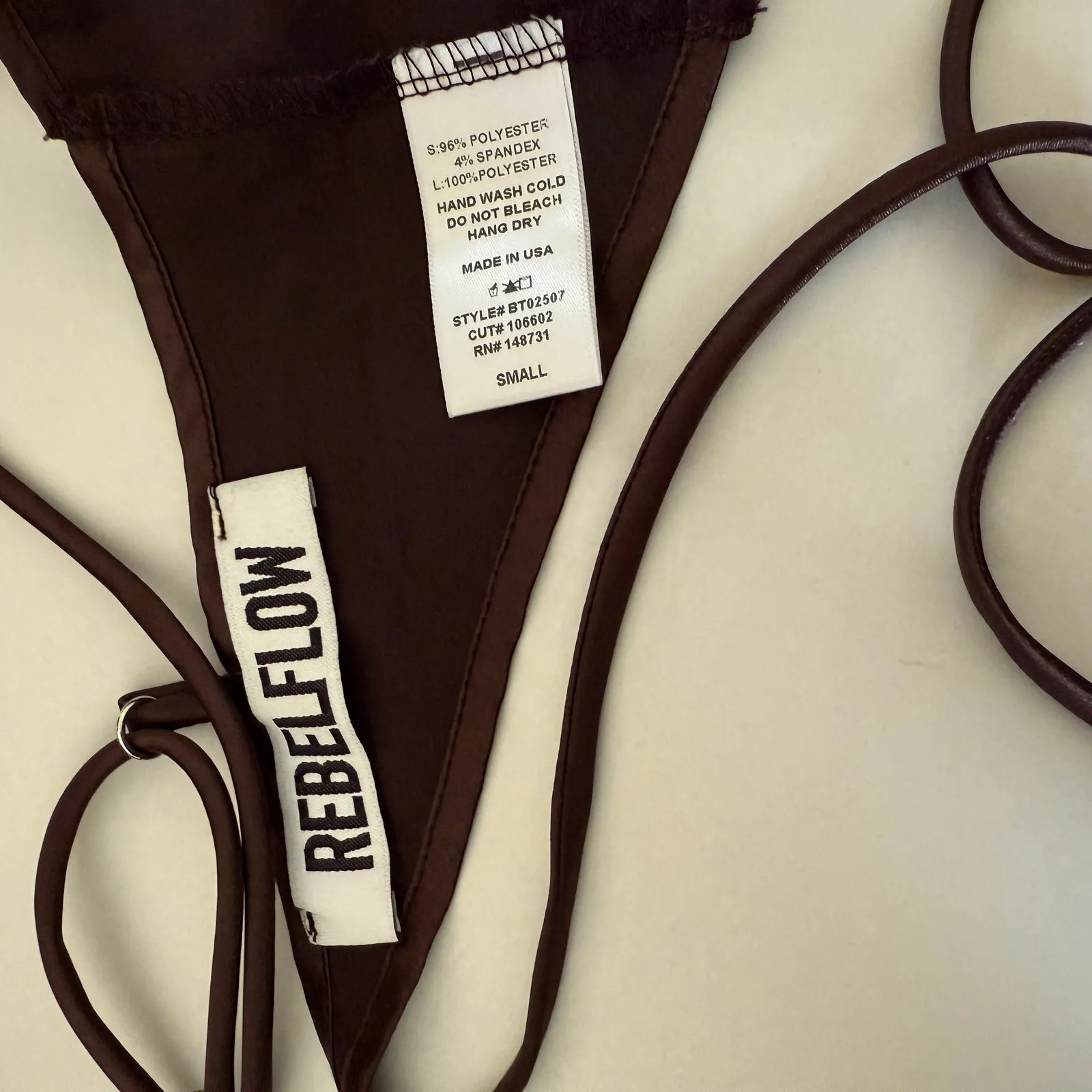 REBELFLOW | Brown Satin Tie Back Handkerchief Hem Lace Trim Crop Top | Small - Image 2