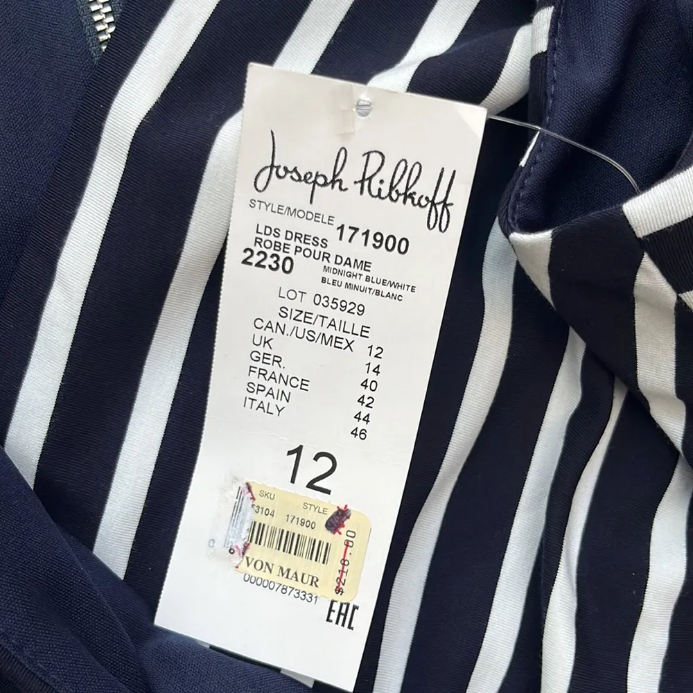 NWT Joseph Ribkoff Striped Faux Wrap Step Hem Dress Dark Blue White Size 12 - Image 13