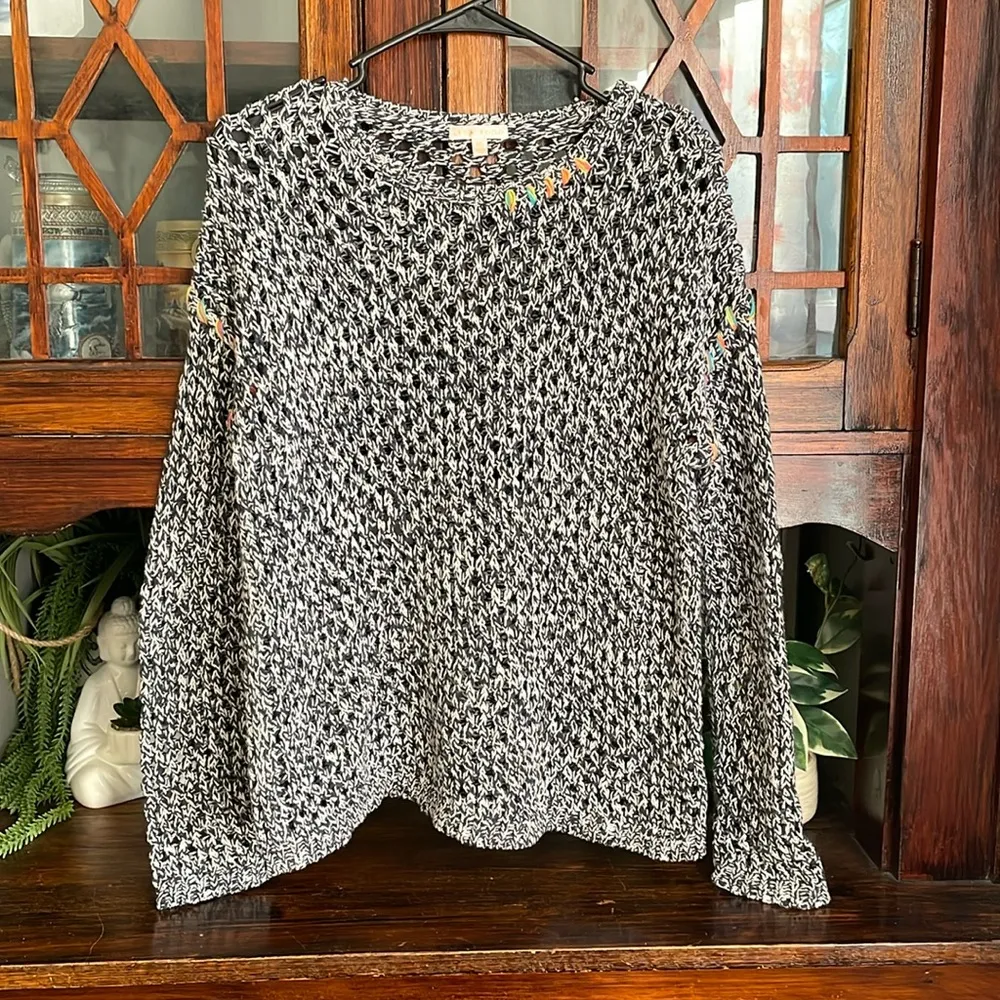 Lisa Todd Open Knit Sweater Black White Pullover Long Sleeve Lightweight Boho‎ Size XS - Image 2