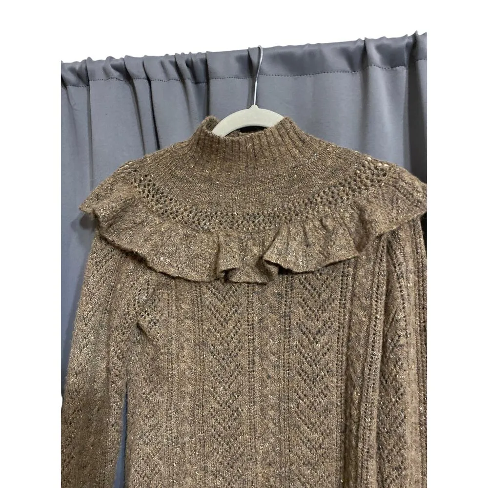 WILLOW & Clay wo size Small soft brown wool blend sweater ruffle accent EUC - Image 3