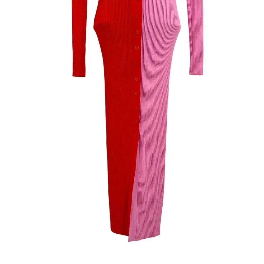 Staud Shoko Ribbed Cardigan Sweater Dress Colorblock Two Tone Midi Pink Red - Image 8