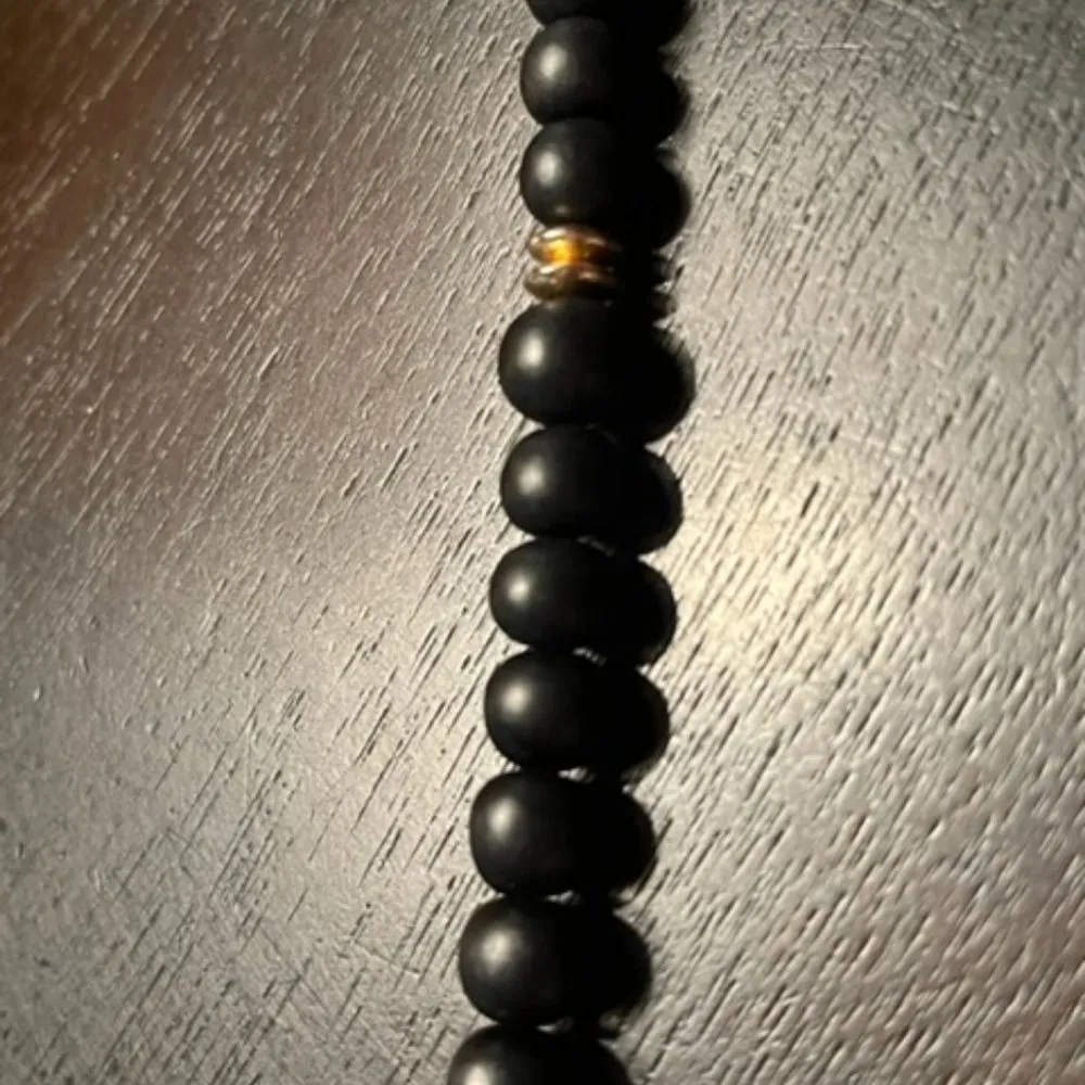 Vintage Black Beaded Necklace with Triangular Handpainted Floral Pendant - Image 4