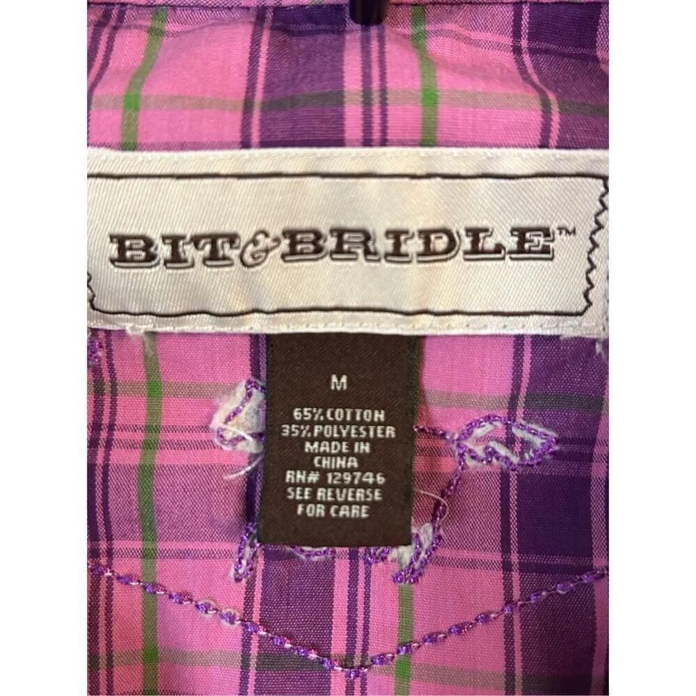 BIT & BRIDLE Women's Purple Pink PLAID SNAP BUTTON WESTERN SHIRT Sz M Cowgirl (4 - Image 5