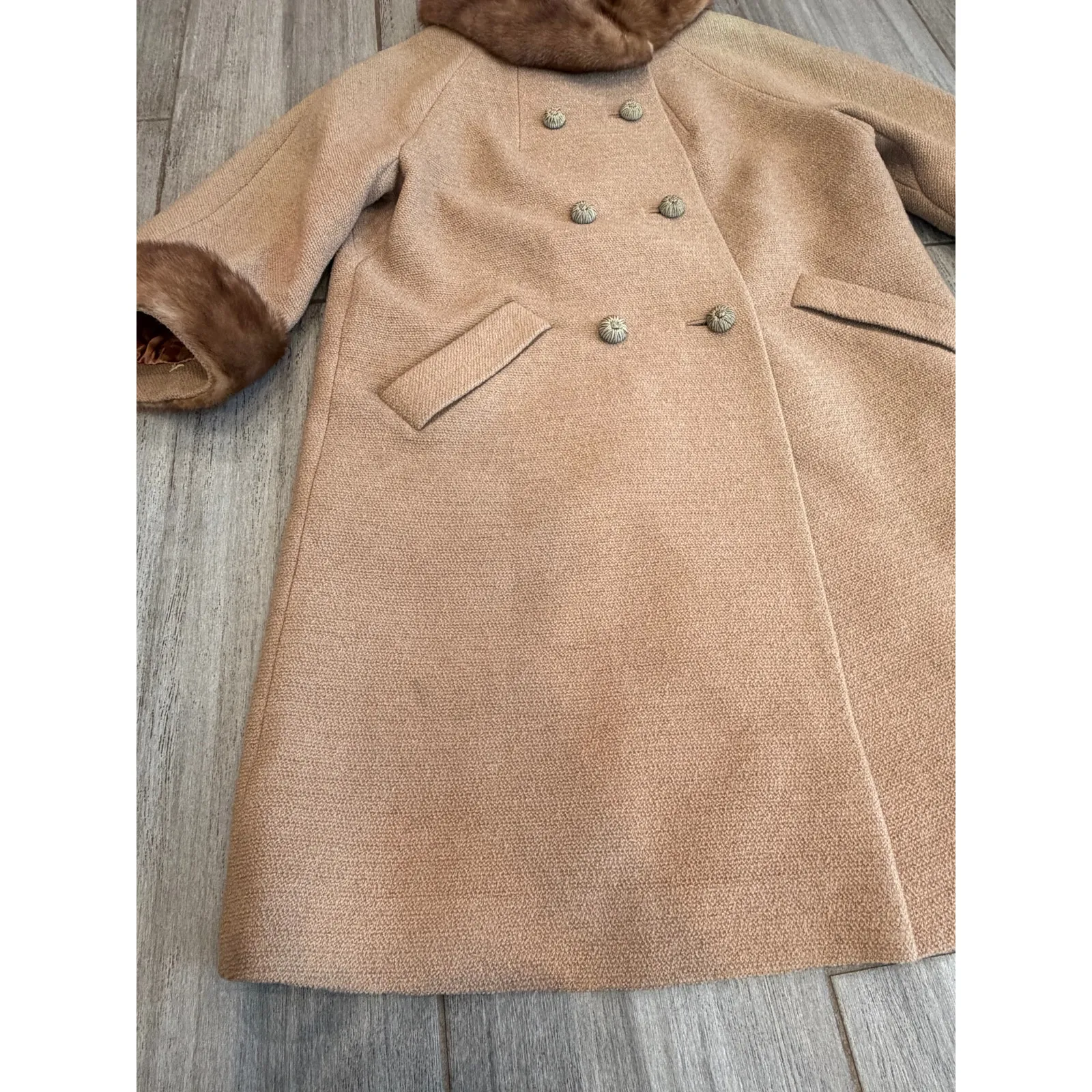 Vintage David Crystal Wool Coat Womens L Camel Fur Trim Double Breasted Luxe Tan Size L - Image 7