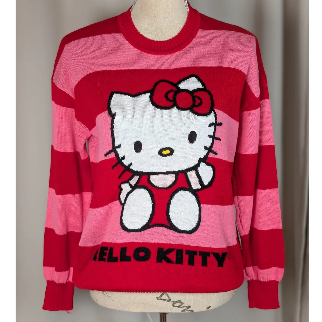 Hello Kitty Striped Long Sleeve Crew Neck Sweater by Sanrio Pink and Red Medium - Image 10