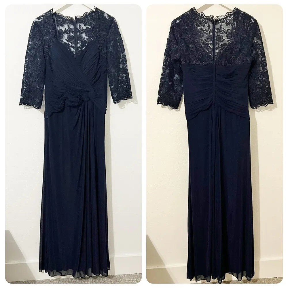 NEW NWT La Femme Ruched Twisted Lace Sleeve Column Gown Navy Size 10 - Image 4