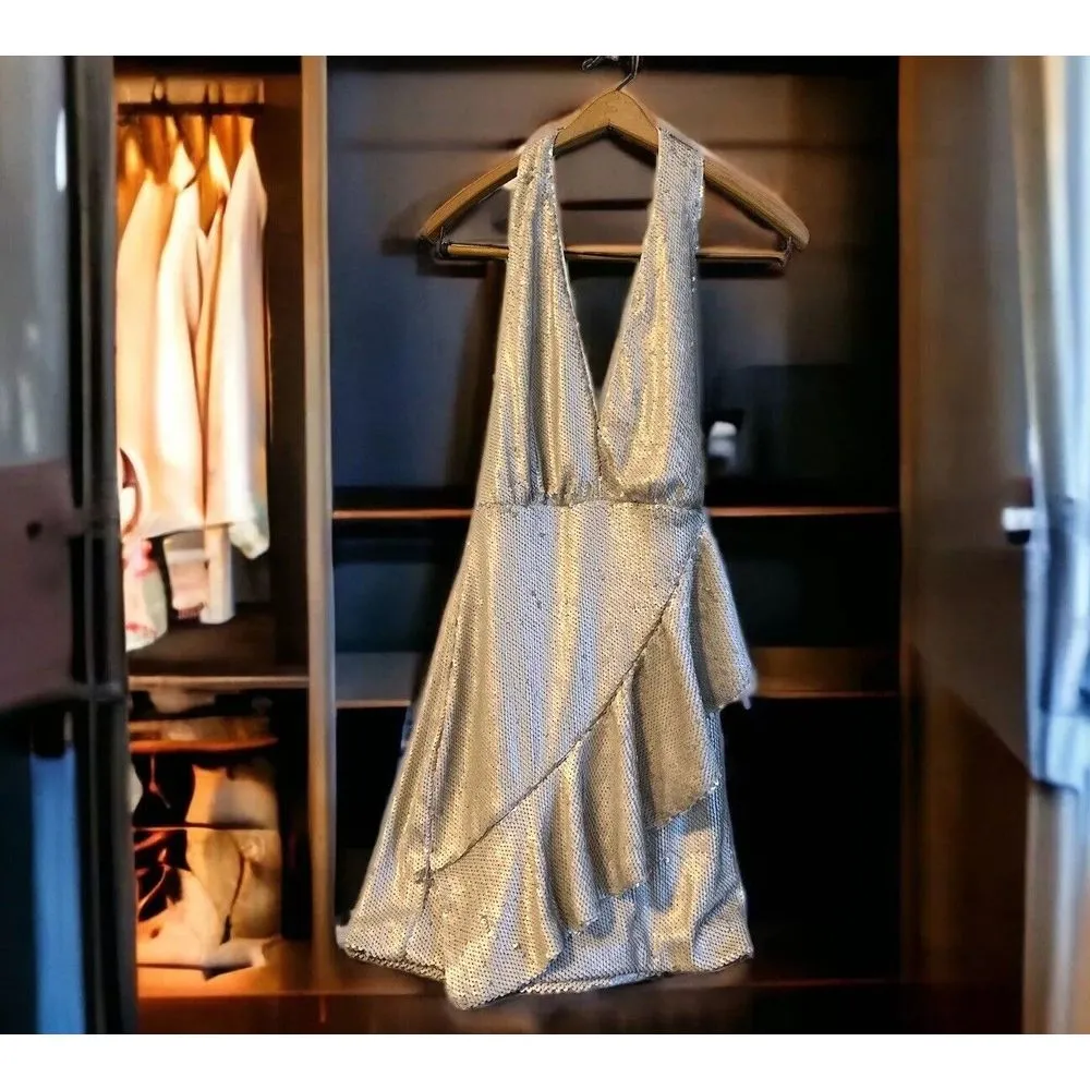 DO+BE Dresses‎ |  Beige Cream Sequin Halter Ruffle Mini Dress ...Medium. NWT - Image 8