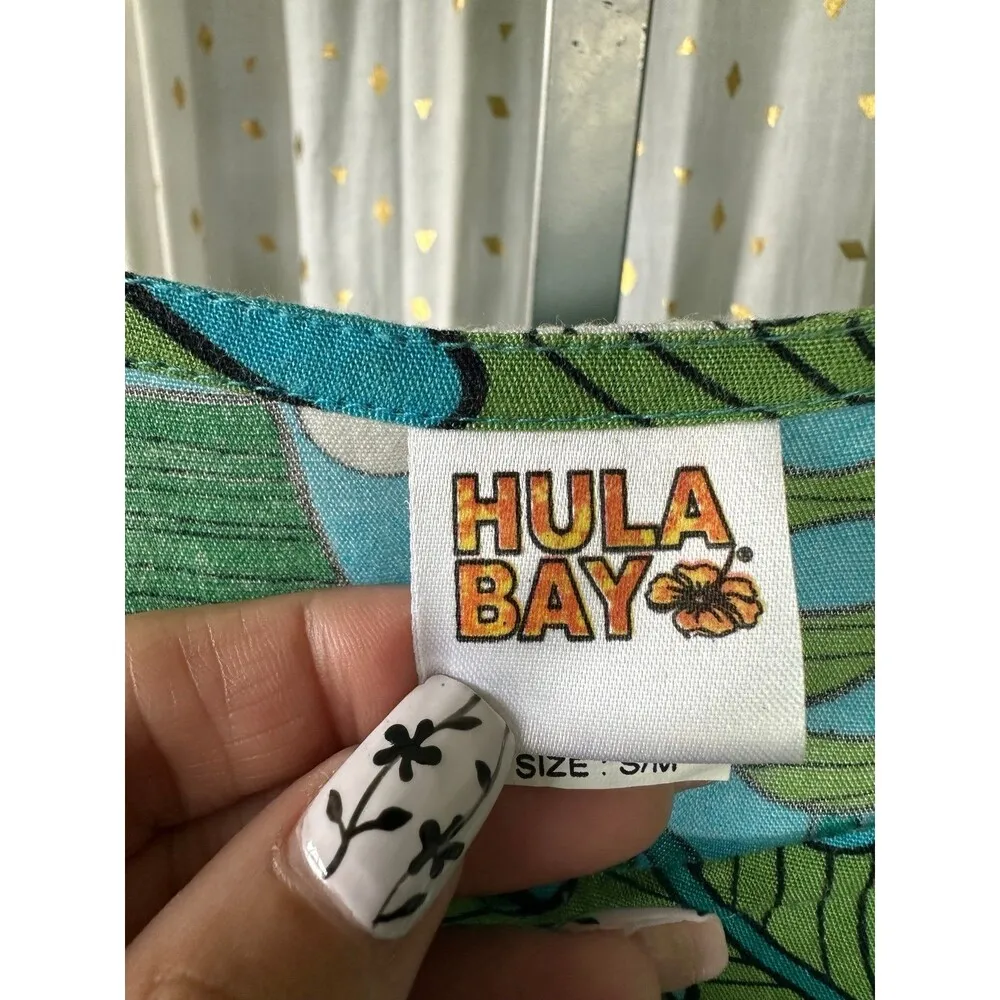 Hula Bay Hawaiian Monstera Plumeria Flowers Batwing Kaftan Swim Cover Up Top S/M Green Size M - Image 5