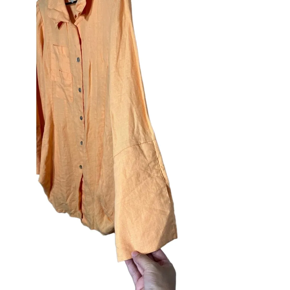 Comfy USA Peach Linen Longsleeve Collared Buttonup Bubble Hem Tunic Dress Large Orange - Image 4