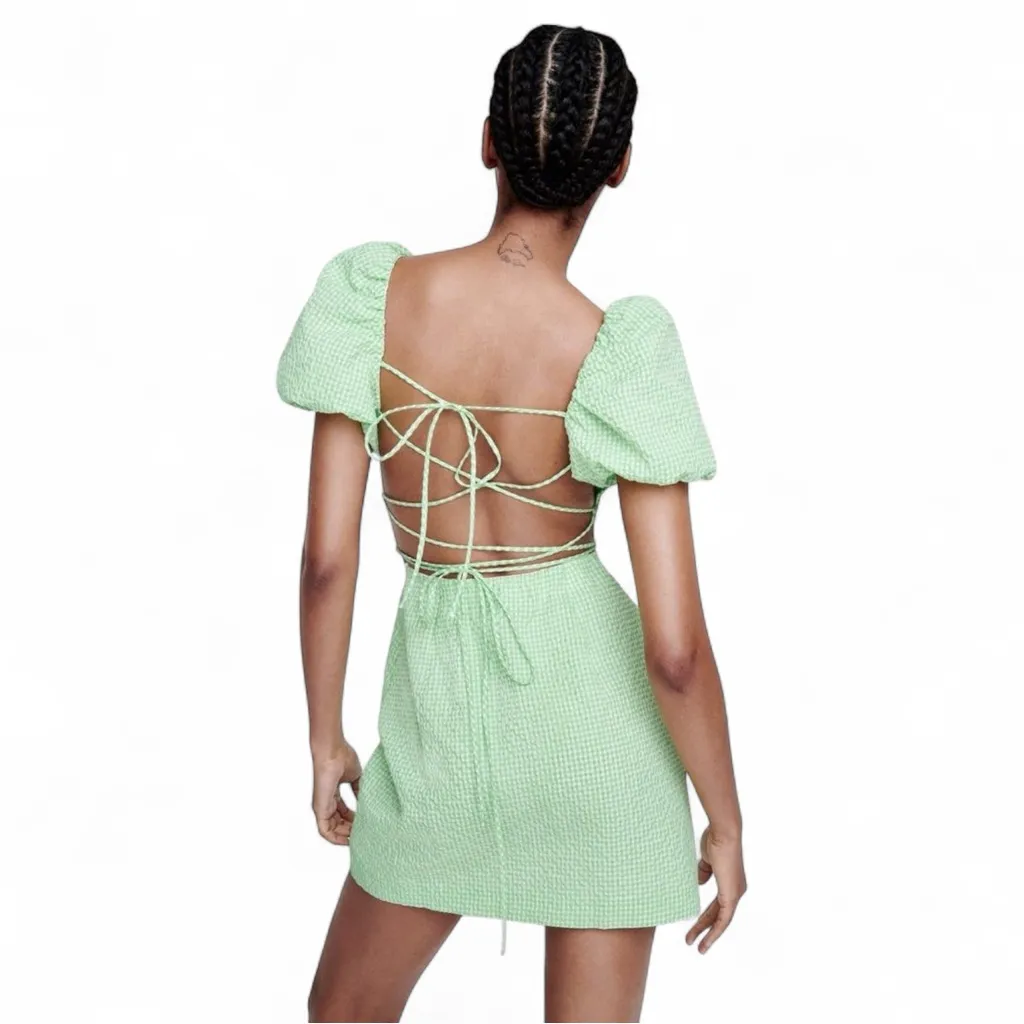 Zara Gingham Puff Sleeve Mini Dress M - Image 3