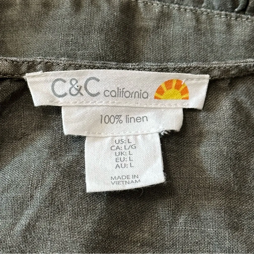 C&C California Women’s Size L Olive Army Green Linen Tiered Tank Dress - Image 4