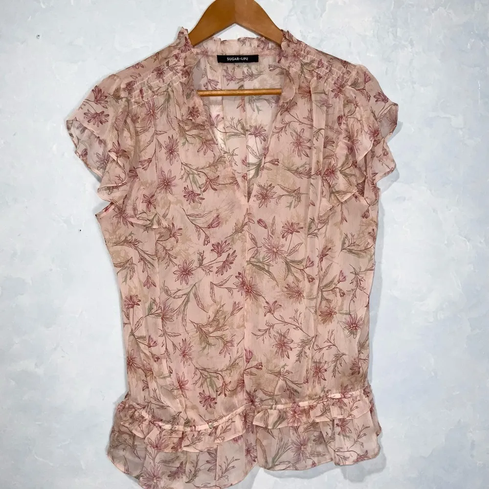 Sugar lips Blush Semi Sheer Floral Ruffle Cap Sleeve V-Neck Dainty Chiffon Top L - Image 2