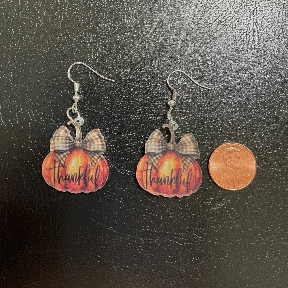 Earrings Pumpkin Thankful Thanksgiving Acrylic Dangle Orange - Image 3