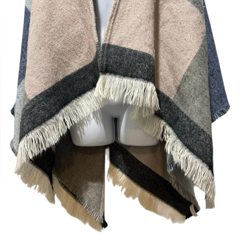 LOFT Factory Color Block Fringe Poncho Shawl Wrap One Size Cozy Fall Layering - Image 3