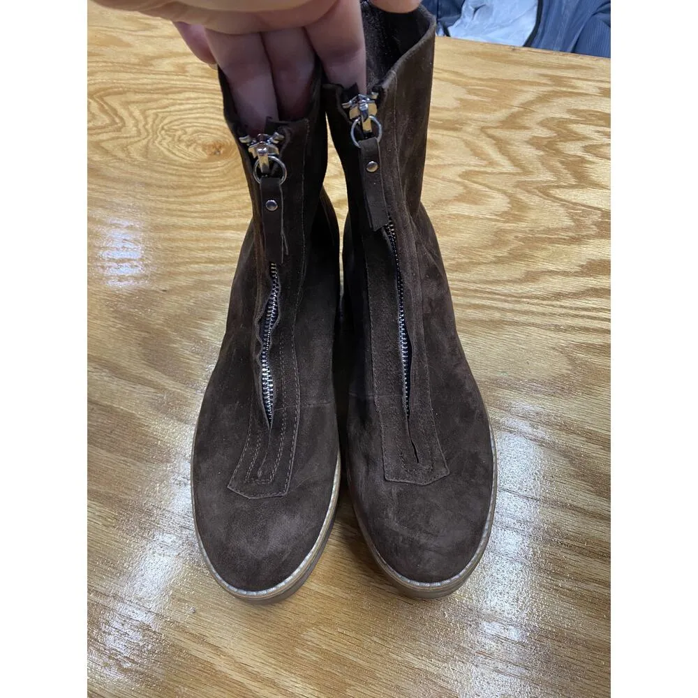 Silent D Nilly Women's 37 Brown Suede Front Zip Round Toe Ankle Platform Booties Size 7 - Image 2