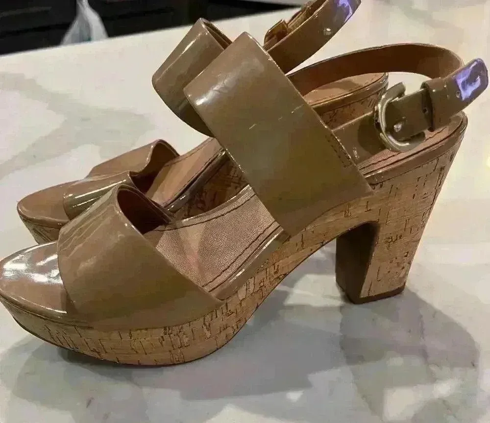 Franco Sarto Frank Nude Cork Block Heels Shiny Strappy Ankle Women’s Size 6.5 - Image 2