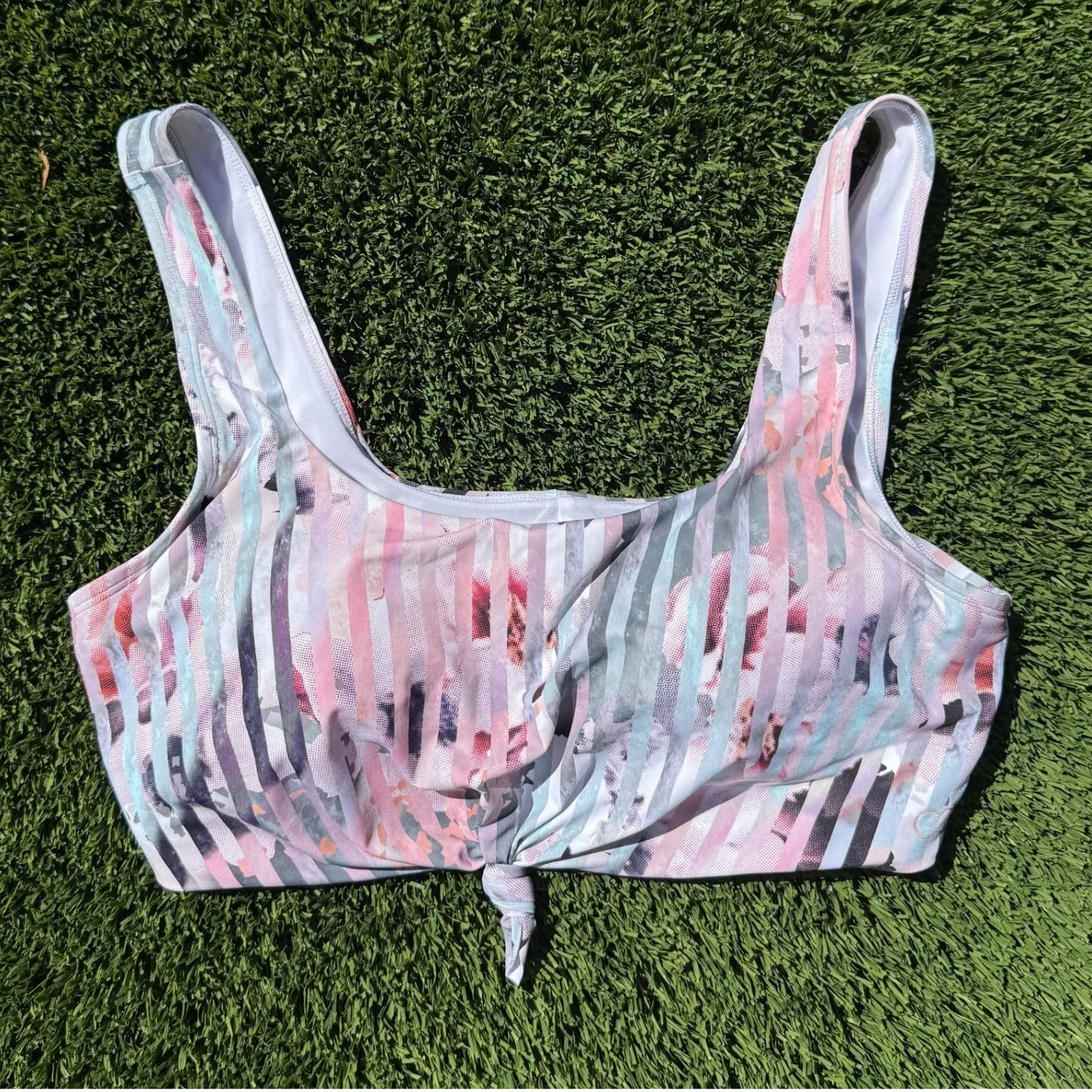 CALIA by Carrie Underwood Knot Front Printed Swim Top Activewear Pink Size L - Image 1