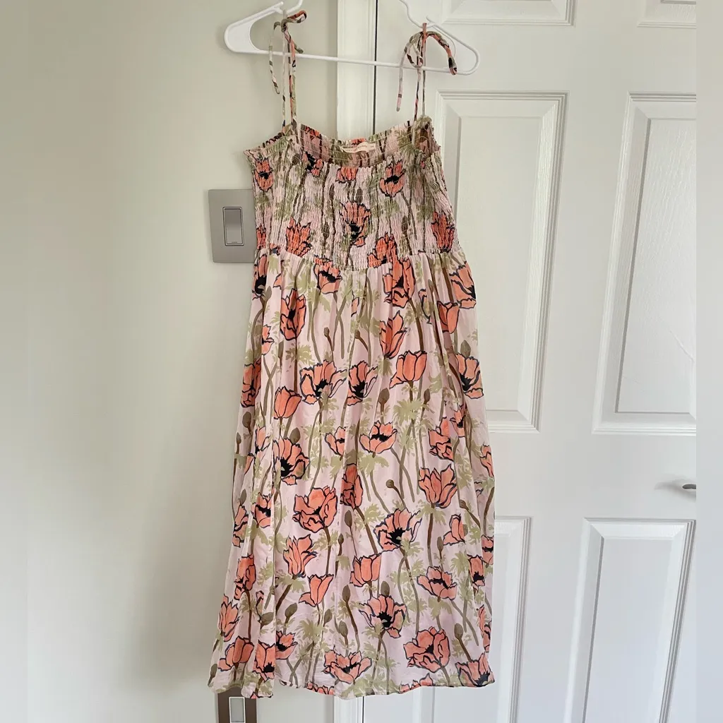 Tory Burch Cotton Voile Midi Dress Smocked Pink Poppies Floral Size M Lined - Image 4