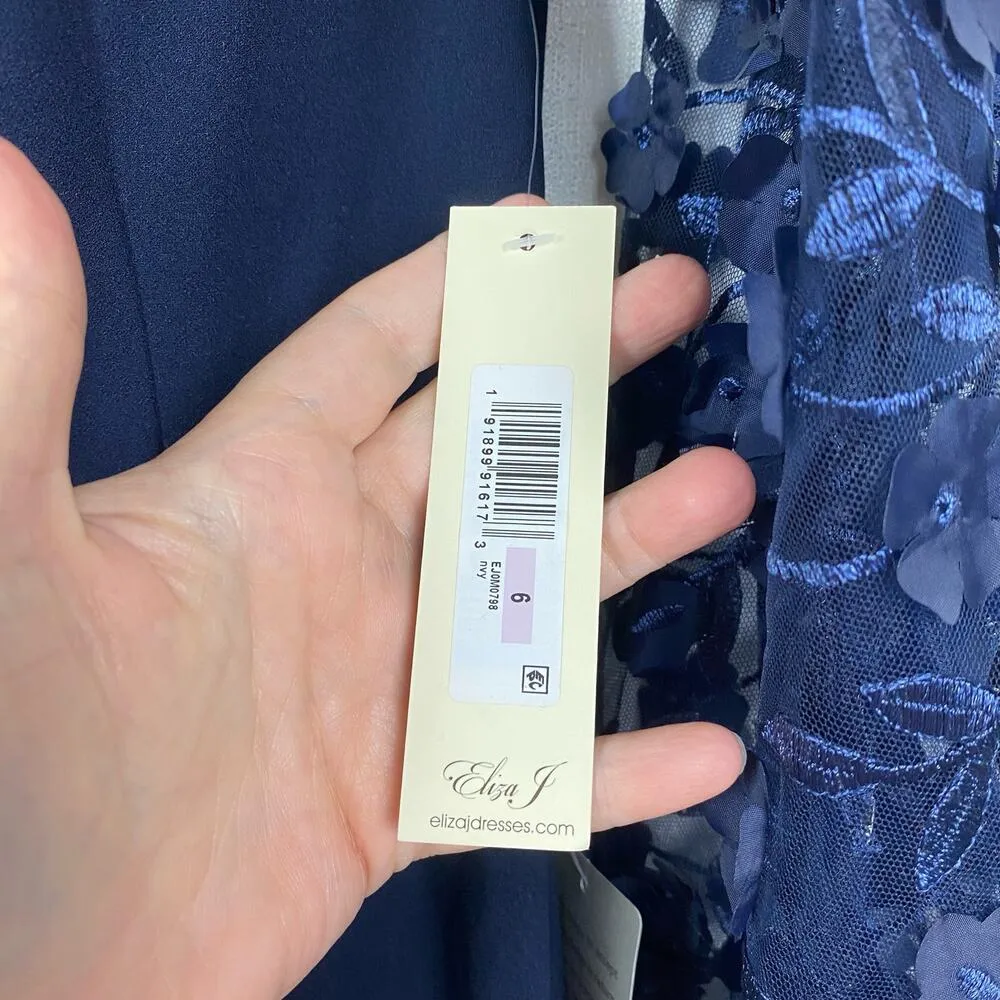 Eliza J Navy Blue Off The Shoulder 3D Fleur Appliqué Scuba Crepe Gown Sz.6 NWT - Image 9