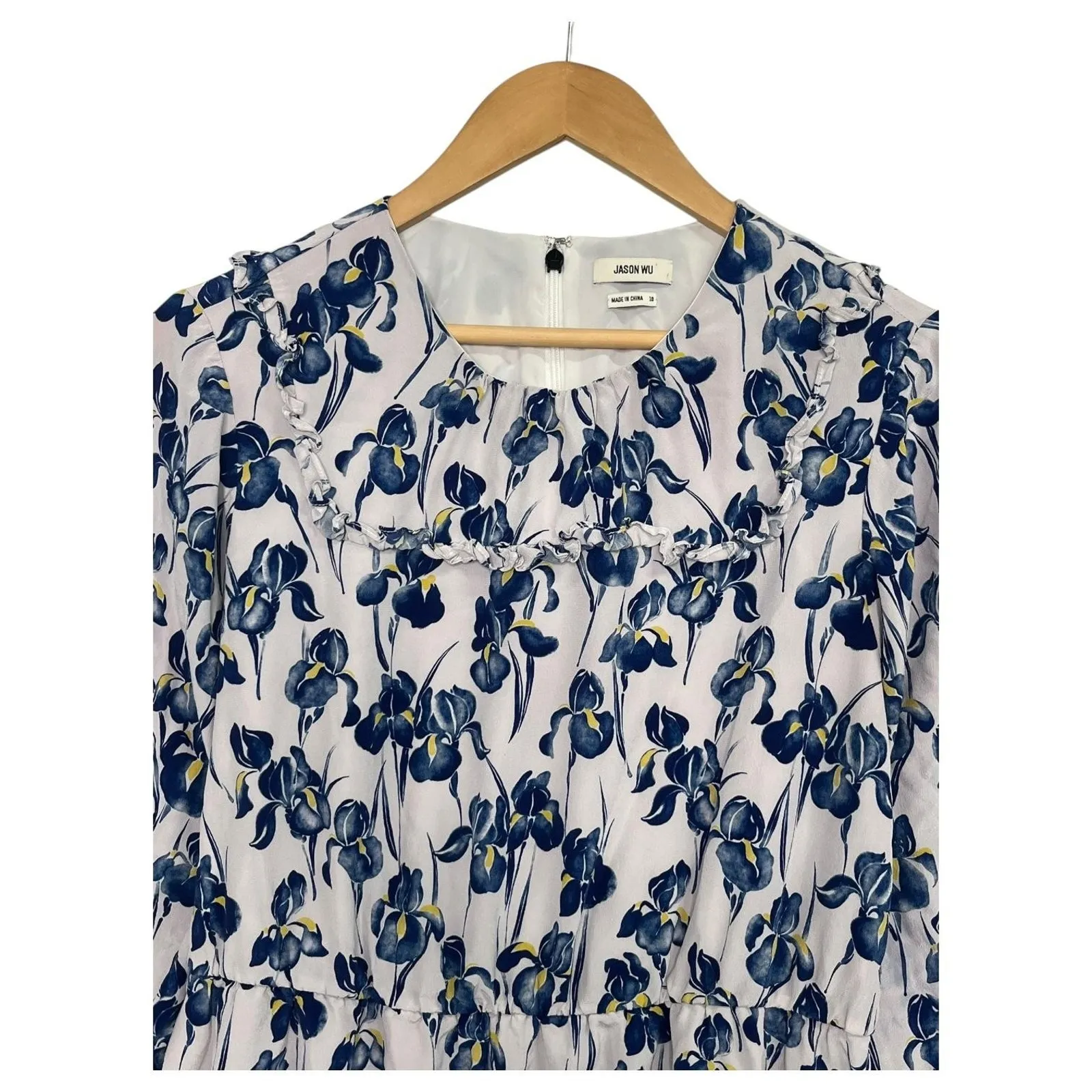 Jason Wu Dress Womens 10 White Blue Silk Floral Ruffle Mini Long Sleeve Designer - Image 10
