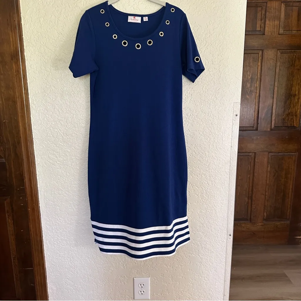 Quacker Factory Blue White Size XS Short Sleeve Striped Hem Knit Dress Grommets - Image 6