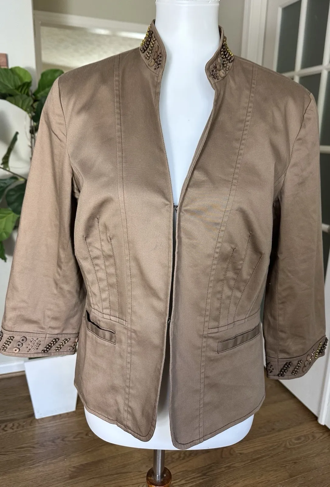 Coldwater Creek Chocolate Brown Cotton Blend Jacket w/Button Bead Trim - size 10 - Image 1