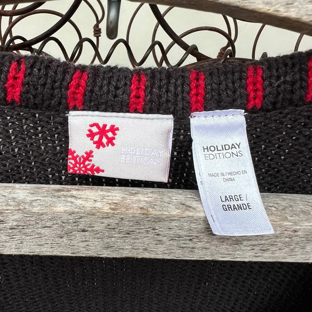 Vintage Y2K Ugly Christmas Red Poinsettia Beaded Embroidered Sweater Vest LARGE Black - Image 8