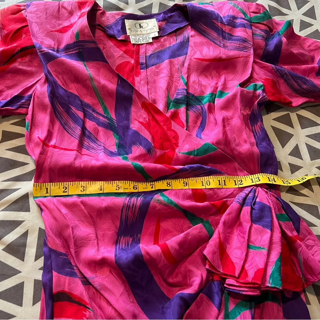 Flora Kung Vintage Silk Jacquard Floral Print Faux Wrap V Neck Midi‎ Dress Pink Size 4 - Image 5