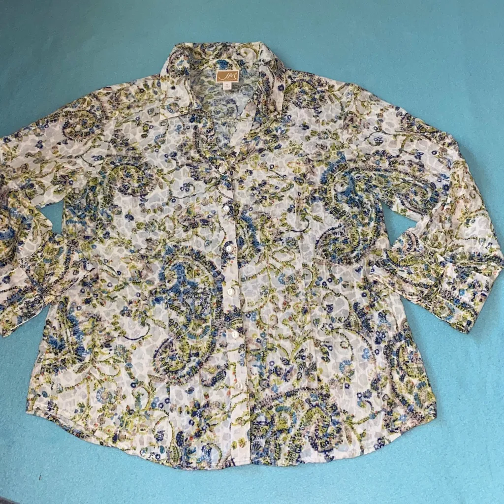 JM COLLECTION floral paisley button up long sleeve split cuff blue green size 12 - Image 1