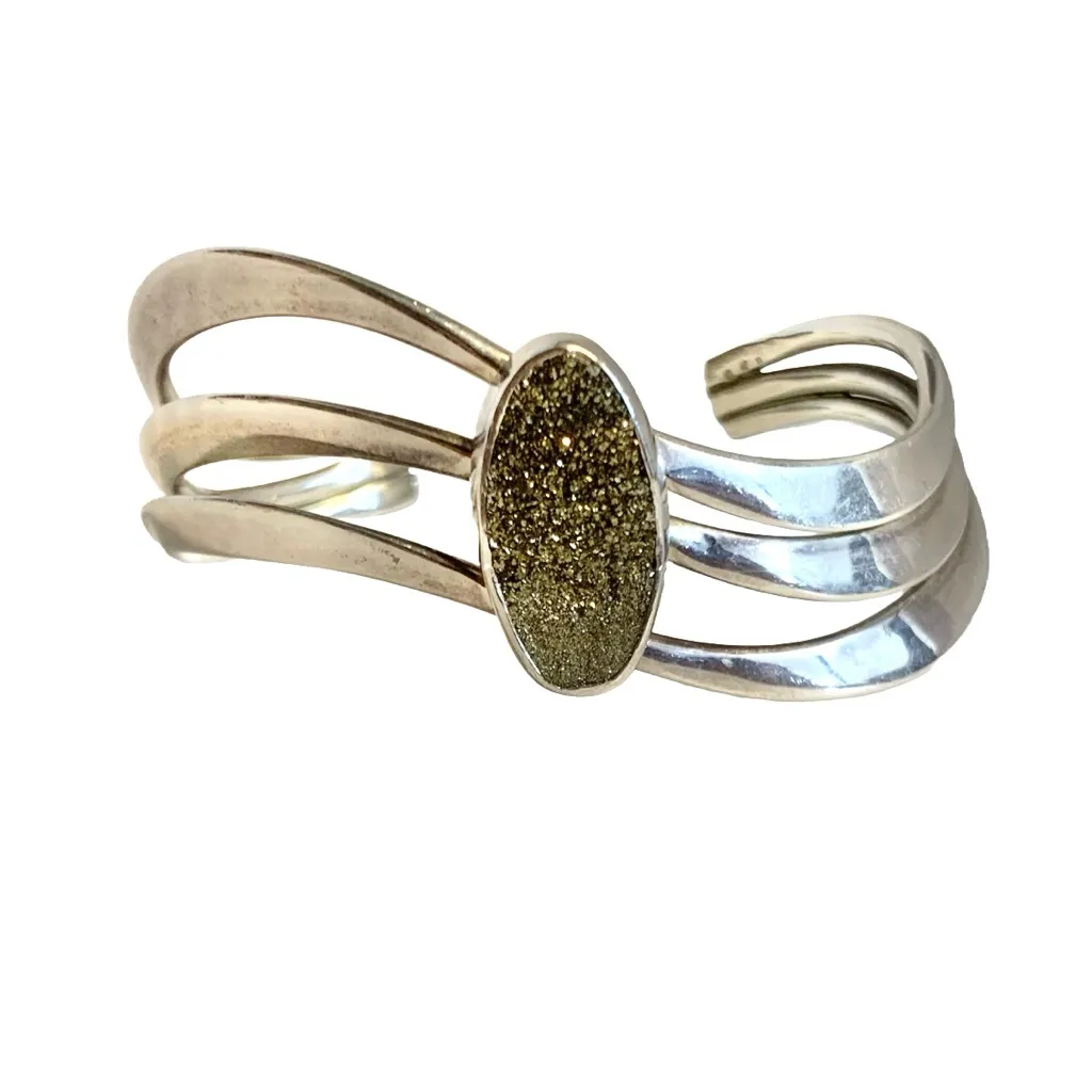 925 STERLING SILVER BANGLE CUFF BRACELET WITH GOLD DRUZY QUARTZ - Image 5