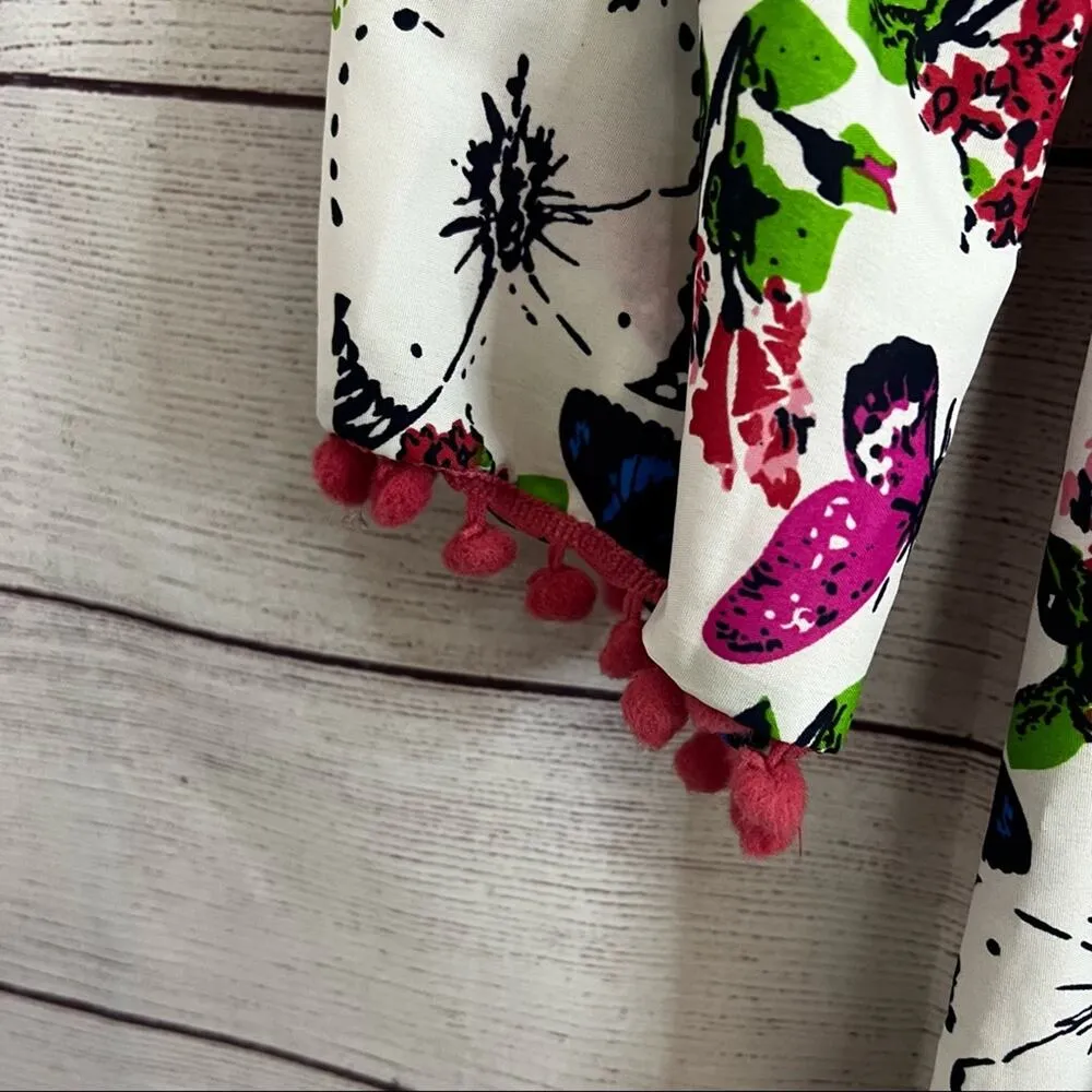 America & Beyond Womens Floral Butterfly Print Tassel String Hem Dress Sz S Blue - Image 2