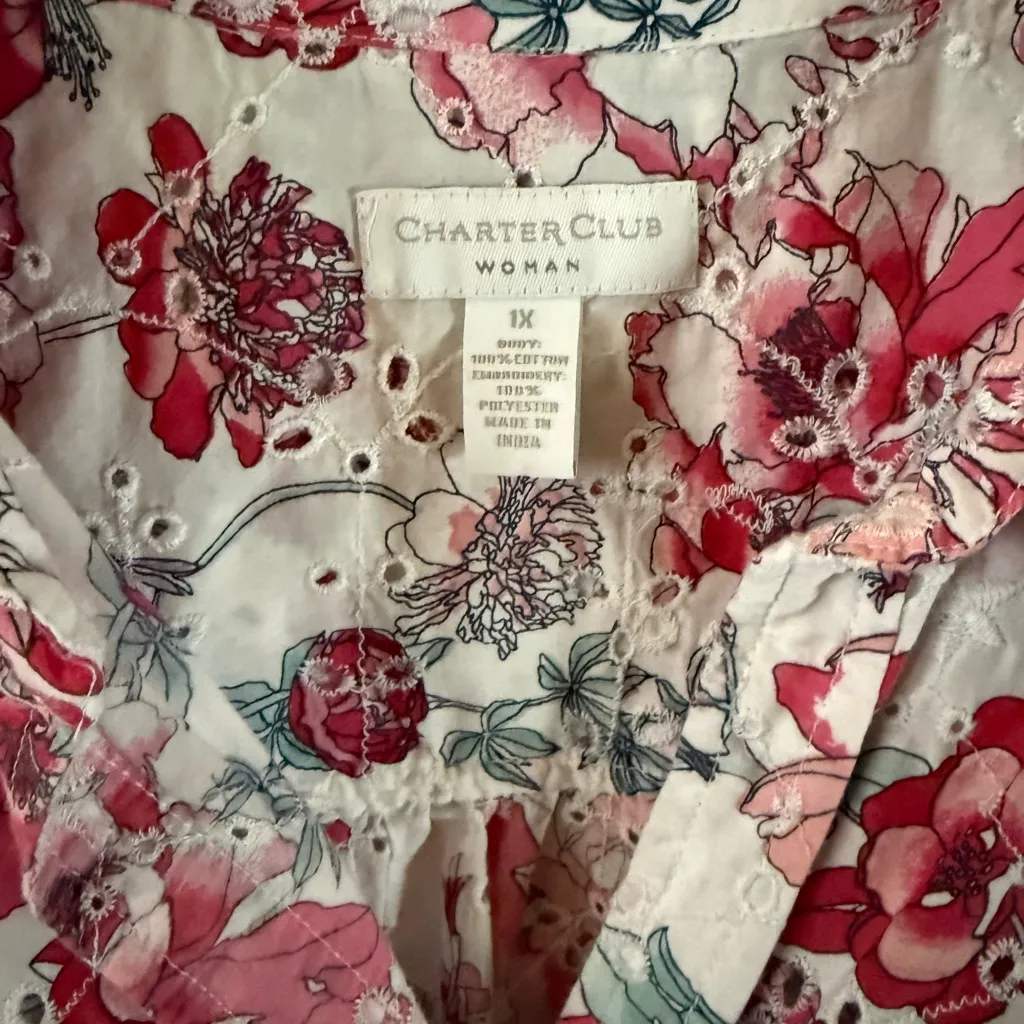 Charter Club Pink and White Floral Button-Down Eyelet Blouse 3/4 Sleeve - Image 2