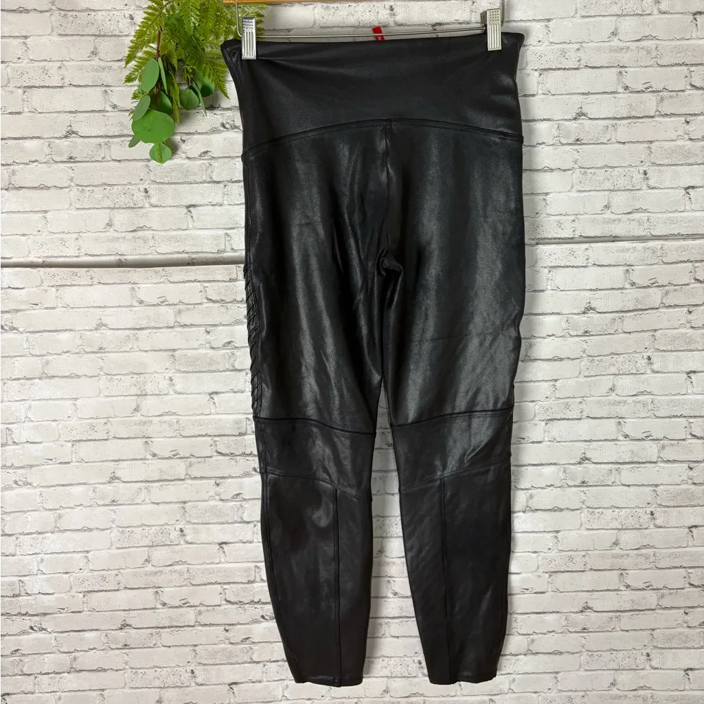 SPANX Black Faux Leather Moto Textured Leggings - Image 4