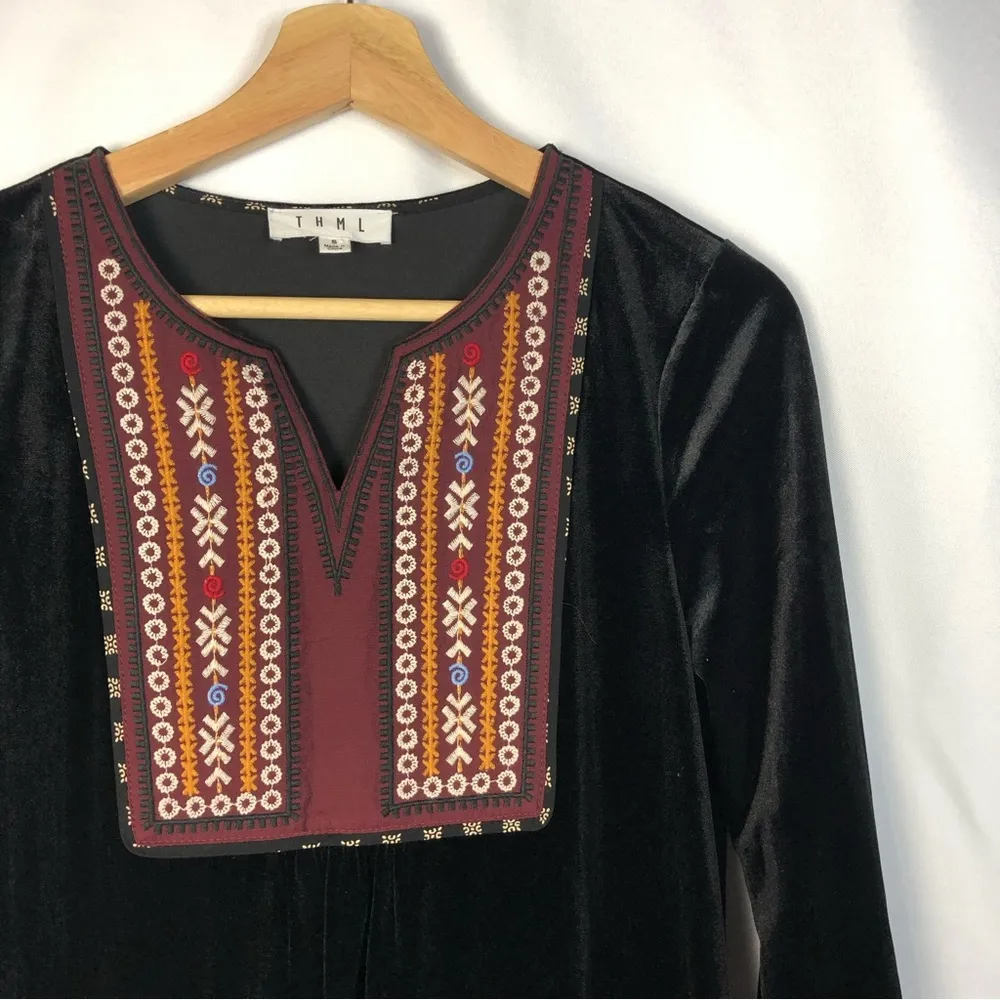 THML Black Velvet Floral Embroidered Long Sleeve Mini Dress S - Image 3
