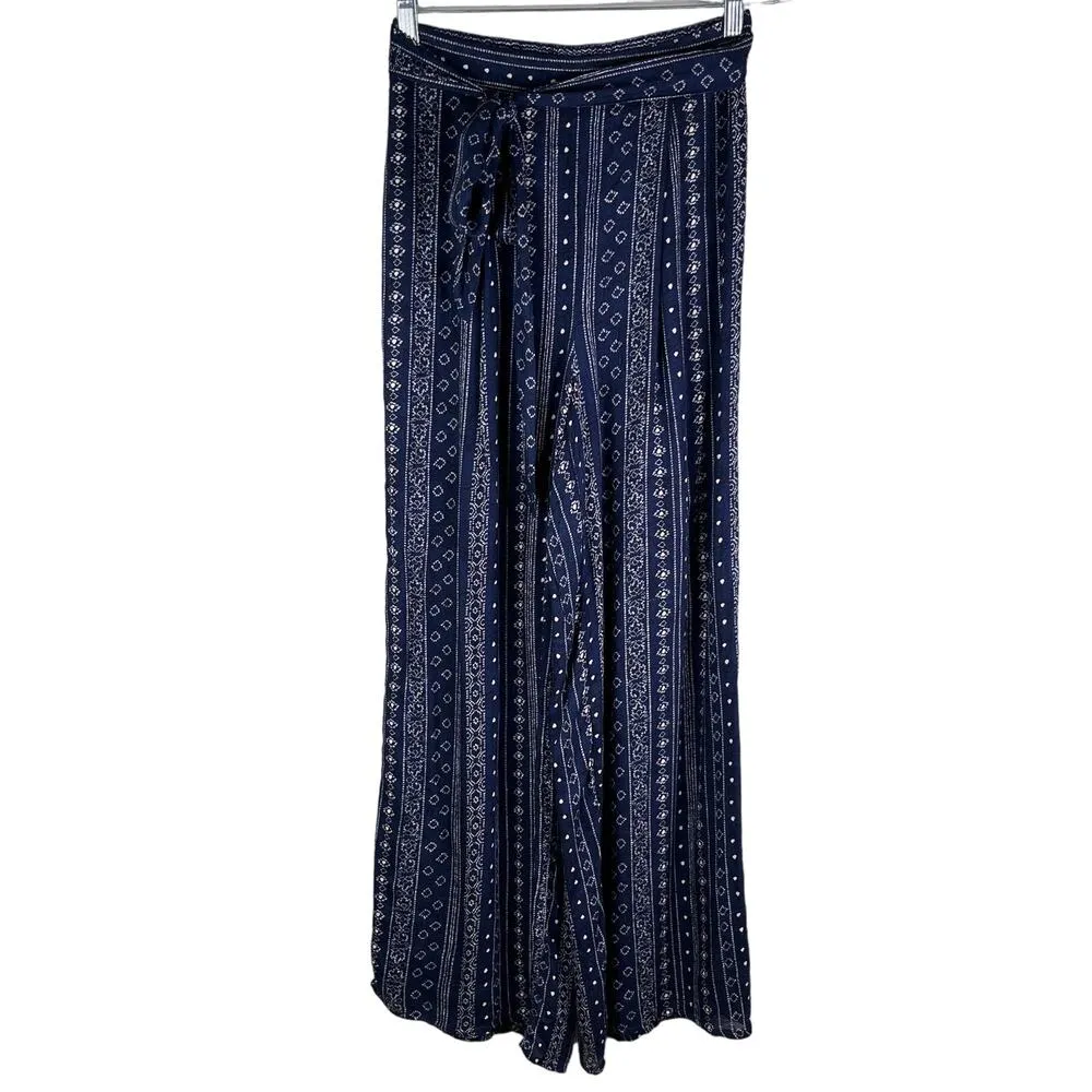 Sadie & Sage Pants Wide Leg Pants Navy Cream Small Lined Belted Boho New Blue - Image 13