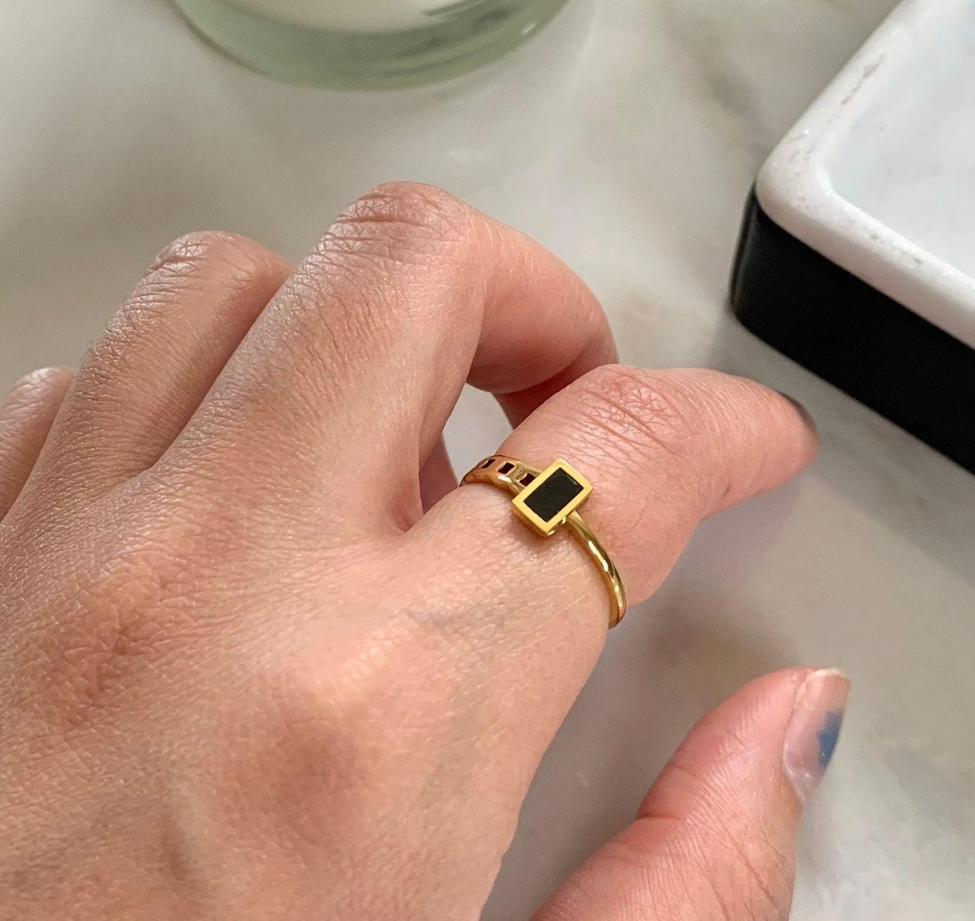 Black Enamel Ring, Black Band Ring, Gold Chain Ring - Image 6