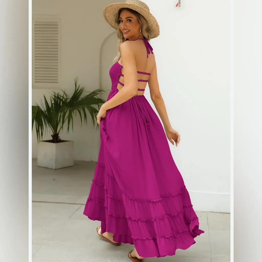 Chic Fuchsia Backless Maxi Dress Pink - Image 2